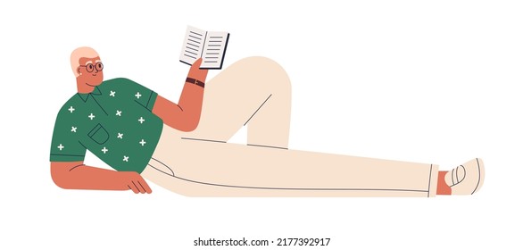 Joven mintiendo con libro abierto en tiempo libre. Lector masculino adulto. Estudiante aprendiendo para el examen. La literatura de papel es relajante. Leyendo hobby. Ilustración vectorial plana aislada en fondo blanco