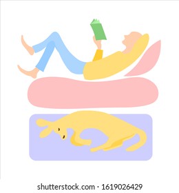 Young man is lying and reading book, dog is sleeping on mat. Vector drawn cartoon color isolated image.