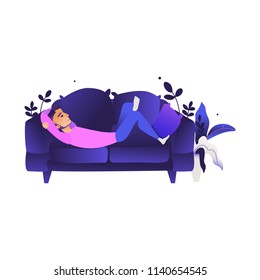 Young man lying at sofa smiling having rest, relaxing after work or education on abstract floral elements background. Cartoon male character resting outdoors. Vector isolated illustration