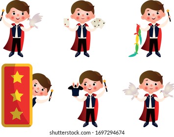 Young man magician with magic objects making miracles vector illustration