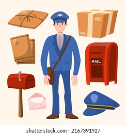 Young man in mailman uniform  with postal equipment. Postman in cartoon characters, parcels and post boxes, postage stamp, vector illustration