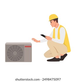 Young man maintenance or working on electrical power generator. Flat vector illustration isolated on white background