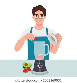 Junger Mann machen frische Fruchtsaft in Mixer zu Hause. Flache Vektorgrafik einzeln auf weißem Hintergrund