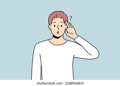 Young man make hand gesture listening to news on information. Confused male wonder about gossip or hearsay. Vector illustration. 