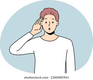 Junge Menschen machen Handgesten, die Nachrichten über Informationen hören. Verwirrtes männliches Wunder über Klatsch oder Kummer. Vektorgrafik.