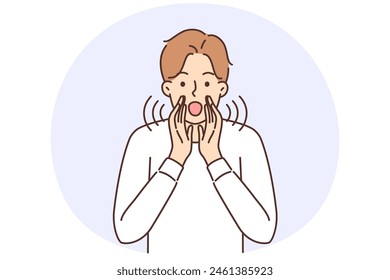 Young man make hands as loudspeaker scream loud. Male with imaginary megaphone shout making announcement of sharing news. Vector illustration.