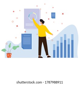 Young man make office analytics presentation, statistic or infographic analysis on diagrams using board. Vector illustration isolated on white background, suitable for web design template.