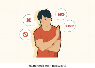 Young man make stop gesture concept for banner, poster, website, etc.