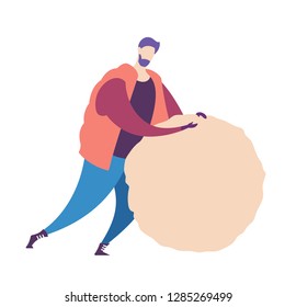 A young man makes a big snowball for a snowman. Winter outdoor activity. The guy dressed in outerwear. Flat vector outdoor illustration. Isolated on white background.