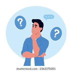 A young man makes a choice, thinks, analyzing two options. Make choice, decision concept. Doubting, deciding, setting priorities. Flat vector illustration