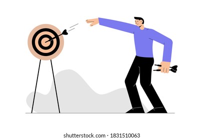 Der junge Mann wirft auf dem Ziel einen Pfeil ab, einzeln auf weißem Hintergrund. Unternehmensziel und Strategiekonzept. Symbol der Ziele, Mission, Geschäftsziele, Chancen. Vektorgrafik