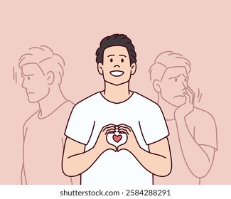 A young man makes a heart gesture and smiles, while his faded background self looks troubled. The image represents hidden struggles.