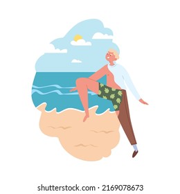 A young man makes a jump in summer. Vacation thirst. Sandy seashore. Enjoy the hot summer. Flat vector hand drawn illustration. All elements are isolated.
