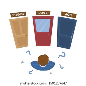 Young man makes life choices. Man standing in front of the doors with signs. Decision making concept. Cartoon vector illustration.