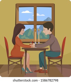 young man makes an offer to his beloved girl in a cozy house, on a background of mountains