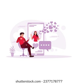  Der junge Mann telefoniert online mit einer bestimmten Freundin. Vom Telefon fliegen die Herzen. Online Dating Konzept. Trend Moderne Vektorgrafik