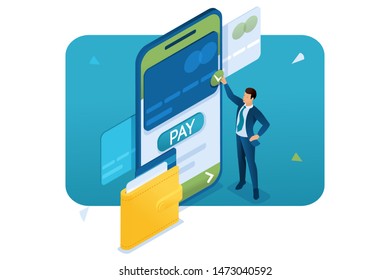 Young man makes an online payment through a mobile application. Concept Of Fast Payment. 3d isometric. Concept for web design