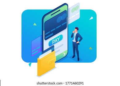 Young man makes an online payment through a mobile application. 3D isometric. Concept for web design