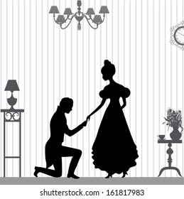 A young man makes a proposal to the girl. Silhouette illustration, vector.