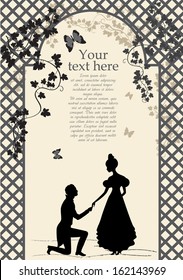 A young man makes a proposal to the girl under the arbor. Silhouette illustration, vector.