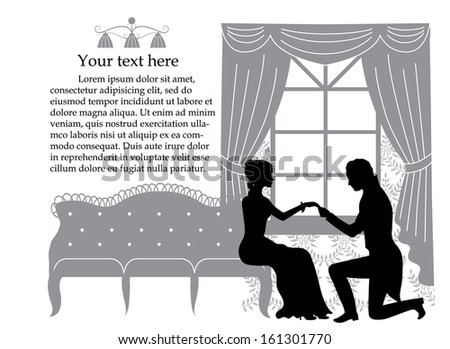 A young man makes a proposal to the girl. Silhouette illustration, vector.