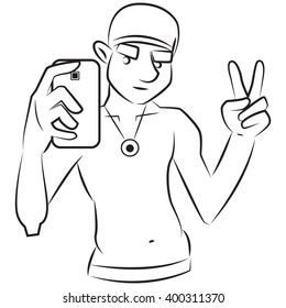 A young man makes selfie. Vector graphics. 