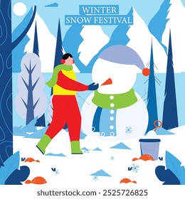 Young man makes a snowman, given a scarf, pebbles, nose, and hands winter vector illustration. Happy winter festival celebration. 