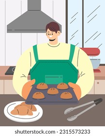 Young man making bread in kitchen. Cook process, preparing bread that just came out of the oven. Flat cartoon style vector illustration.