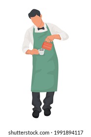 Young man making coffee. Barista in uniform holding a cup of coffee isolated on the white background