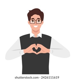 Young man making or gesturing heart symbol with fingers. Smiling wearing glasses. Flat vector illustration isolated on white background