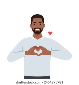 Young man making or gesturing heart symbol with fingers. Flat vector illustration isolated on white background