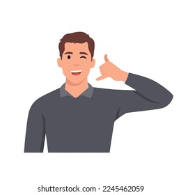 Young man making hand gesture asking to call back. Happy man demonstrate callback sign. Nonverbal communication. Flat vector illustration isolated on white background