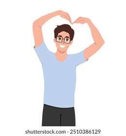 Young man making hart shape with hands. Flat Vector Character Isolated on White Background