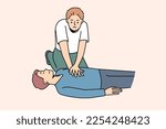 Young man making heart massage to guy lying on ground suffering from cardiac arrest. Person perform first aid resuscitation. Healthcare and medicine. Vector illustration. 