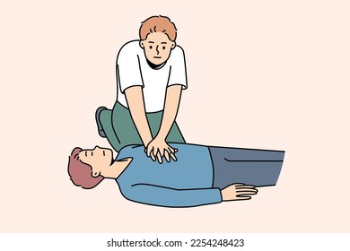 Young man making heart massage to guy lying on ground suffering from cardiac arrest. Person perform first aid resuscitation. Healthcare and medicine. Vector illustration. 