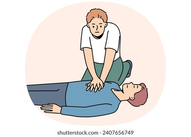 Young man making heart massage to guy lying on ground suffering from cardiac arrest. Person perform first aid resuscitation. Healthcare and medicine. Vector illustration.