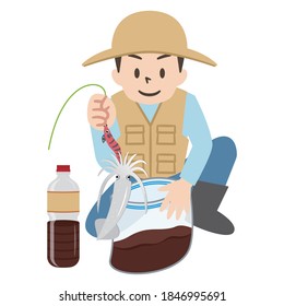 Young man making Marinated-on-the-spot squids