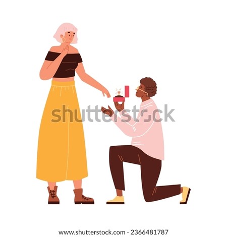 Young man making marriage proposal flat style, vector illustration isolated on white background. Decorative design element, love and relationships, happiness, emotional characters