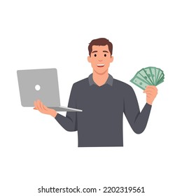 Young man making money in internet concept. Winning plenty of money in social media on laptop. Holding cash. Flat vector illustration isolated on white background