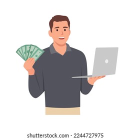 Young man making money in internet concept. Winning plenty of money in social media on laptop. Holding cash. Flat vector illustration isolated on white background