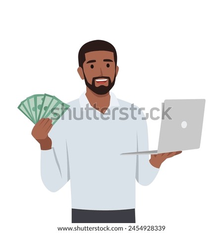 Young man making money in internet concept. Winning plenty of money in social media on laptop. Holding cash. Flat vector illustration isolated on white background
