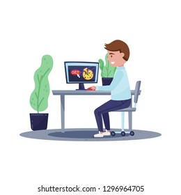 Young man making order of pizza using computer. Fast food delivery service. Flat vector design