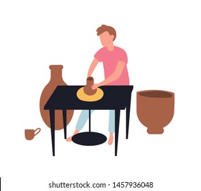 Young Man Making Pots With Clay. Pottery And Ceramics. Cute Funny Man And His Pastime Activity Or Creative Hobby. Handiwork, Handicraft Or Craftsmanship. Flat Cartoon Colorful Vector Illustration.