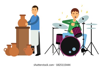 Juego de Ilustración de vectores de instrumentos de percusión para jóvenes que fabrican cerámica y tocan
