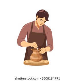 A young man making pottery vase