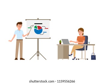 Young man making presentation in front of woman. Cartoon character business meeting 