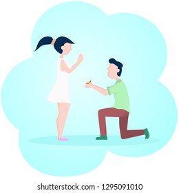 Young man making proposal. Proposal to a girlfriend. Engagement ring. Romantic couple. Flat vector design. Conceptual illustration. Couple of love. - Vector