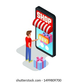Young man making purchases through smartphone. Guy buying goods, services, ordering things, booking using devices. Online shopping, banking, e-commerce, card payment concept. Isometric vector.
