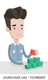 Young man making pyramid of social network avatars. Caucasian man building his social network. Social network and communication concept. Vector flat design illustration isolated on white background.