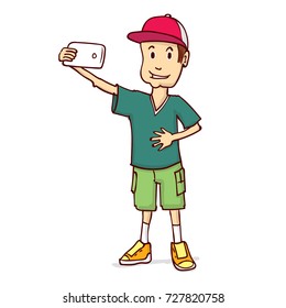 A young man is making a salfi. Hand drawn cartoon vector illustration.